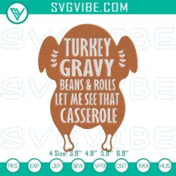 Turkey gravy beans rolls embroidery design with humorous Thanksgiving food theme, perfect for festive DIY projects.