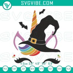 Unicorn face witch Halloween machine embroidery design, cute and spooky for Halloween crafts and decorations.