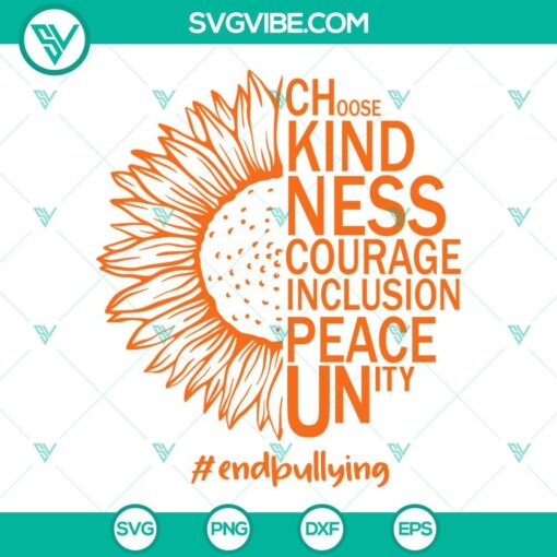 Unity Day SVG design with half sunflower, Choose Kindness Courage Inclusion message for promoting unity and kindness.