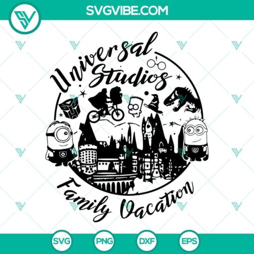 Universal Studios family vacation SVG featuring Minions and Harry Potter elements for download.
