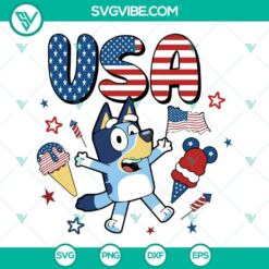 Bluey Bandit Heeler in patriotic USA theme SVG design for 4th of July celebration.