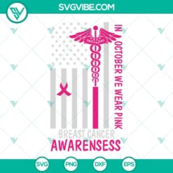 Breast Cancer Awareness USA flag themed SVG design for October featuring pink ribbon. Perfect for raising awareness.