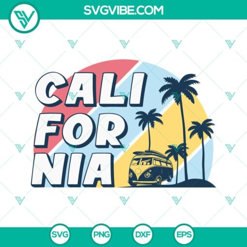Vintage California SVG with Surfer and Hippie Van on Beach designs, available for download as PNG images. Ideal for retro SVG projects.