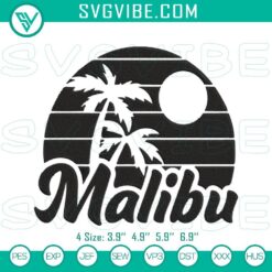 Vintage Malibu embroidery designs with California beach summer patterns featuring waves, surfboards, and palm trees.