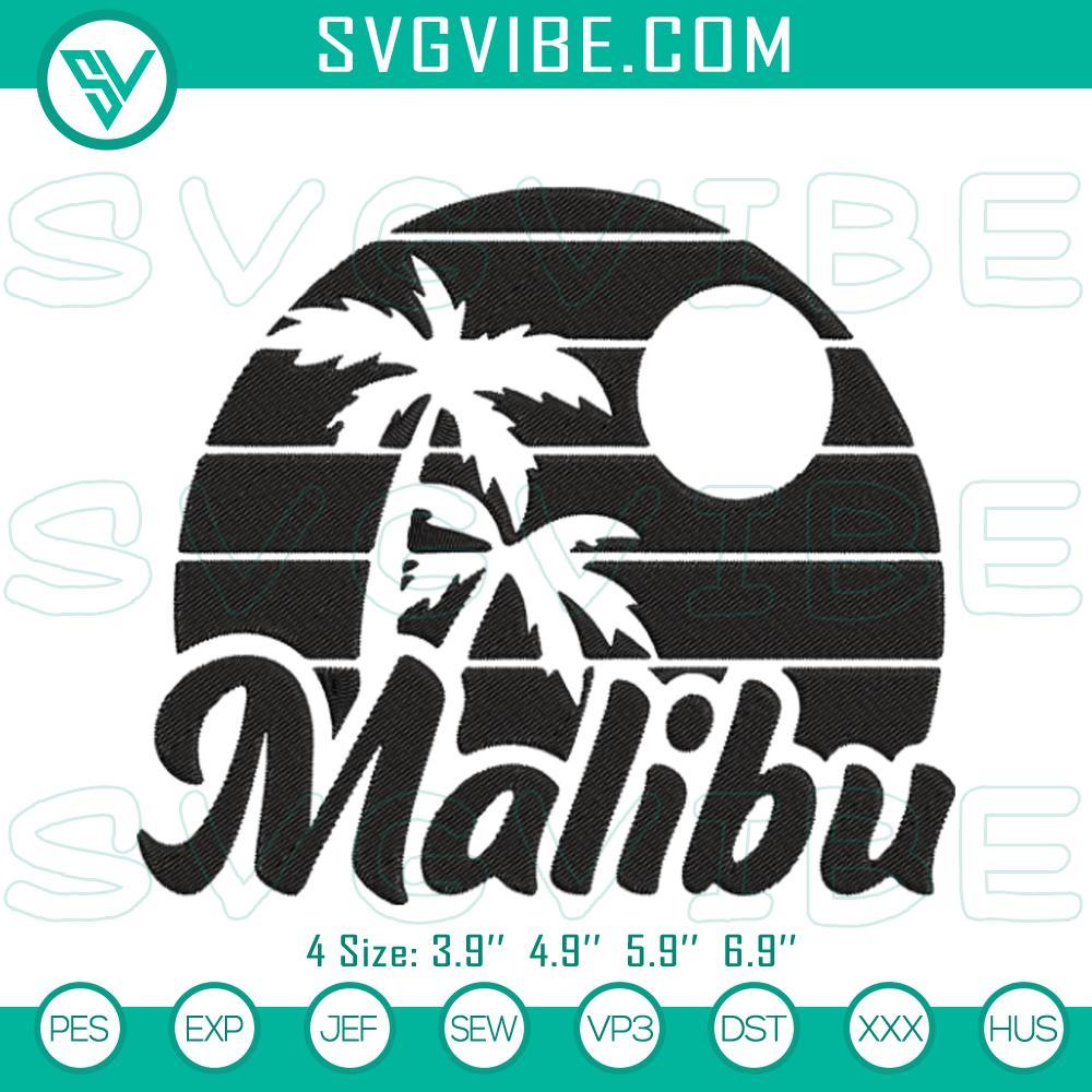 Vintage Malibu Embroidery Designs, California Beach Embroidery Files Vintage Malibu embroidery designs with California beach summer patterns featuring waves, surfboards, and palm trees.