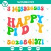 Pi Day themed SVG design with wavy patterns, "Happy Pi Day" text, and the numerical representation of pi (3.14). Includes March 14th SVG download.