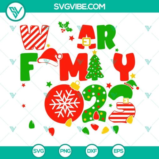 Christmas 2023 SVG and PNG files with "We Are Family" theme for digital crafting projects, including holiday decorations and gifts.