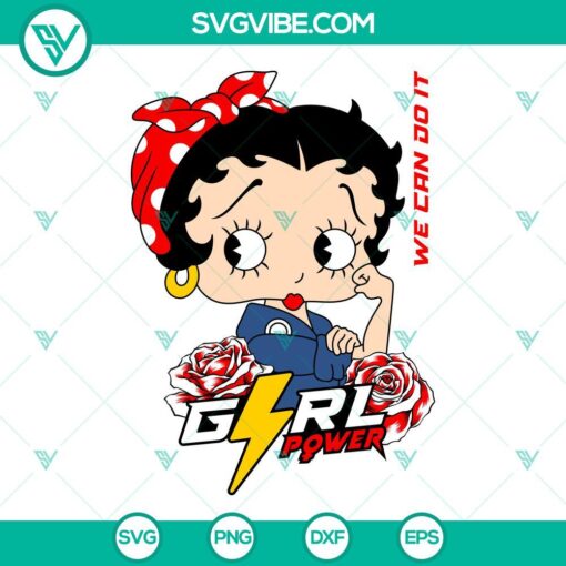 Empowering "We Can Do It" girl power SVG featuring Betty Boop, ideal for Womens Day. Instant download as SVG and PNG formats.