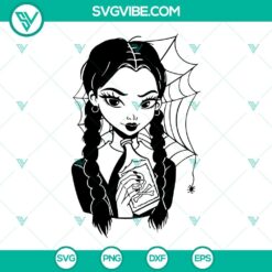 Wednesday Addams SVG design, featuring her drinking poison. Creepy and cute digital download for Halloween crafts and decor.