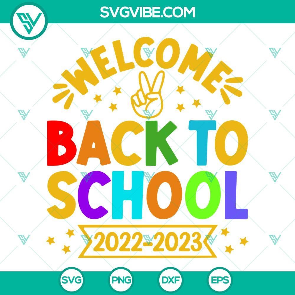 welcome-back-to-school-2022-2023-svg-first-day-of-school-svg-1st-day-of-school-svg-7-mockup.jpg Colorful Welcome Back To School 2022 2023 & First Day Of School SVG design with school supplies, books, and pencils on chalkboard background.