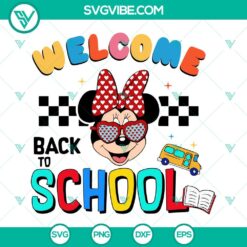 Welcome back to school Minnie Mouse and teacher digital SVG files for kids, perfect for school projects and crafts.