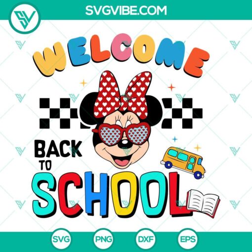 Welcome back to school Minnie Mouse and teacher digital SVG files for kids, perfect for school projects and crafts.