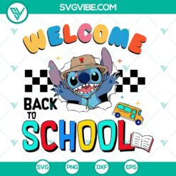 Collection of "Welcome Back to School" Stitch SVG files and First Day of School SVG images in PNG format, perfect for school-themed crafts and projects.
