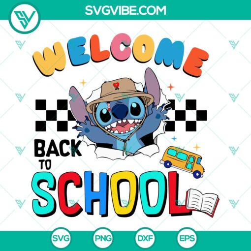 Collection of "Welcome Back to School" Stitch SVG files and First Day of School SVG images in PNG format, perfect for school-themed crafts and projects.