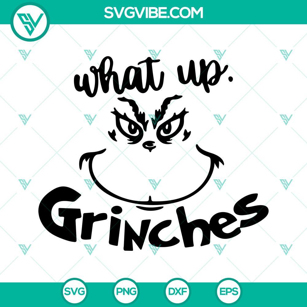 what-up-grinches-svg-christmas-svg-grinch-svg-funny-christmas-svg-png-dxf-eps-cut-files-9-mockup-1.jpg Funny Christmas SVG design featuring "What Up Grinches" text with a Grinch face. Ideal for holiday crafts and projects.