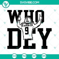 Joe Burrow Cincinnati Bengals SVG design for download, featuring "Who Dey" slogan. Ideal for NFL football fans and craft projects.