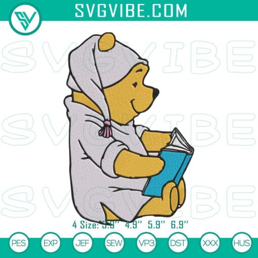 Winnie the Pooh reading embroidery design for kids - machine-made and adorable, perfect for children's clothing and accessories.