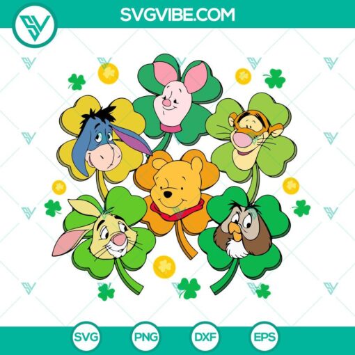 Winnie The Pooh Four Leaf Clover SVG Download with Lucky Vibes and Disney theme for digital crafting projects.