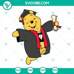 Winnie The Pooh graduation SVG files with Pooh Bear in cap and gown, ideal for download. Great for celebrating a graduation event.