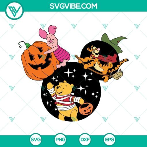 Winnie The Pooh Halloween SVG with characters Mouse, Tigger, Eeyore. Perfect for holiday crafts, Disney themed projects.