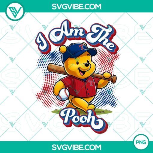 Winnie The Pooh Texas Rangers baseball design PNG file for fans, featuring team logo and character artwork, perfect for crafts or digital projects.