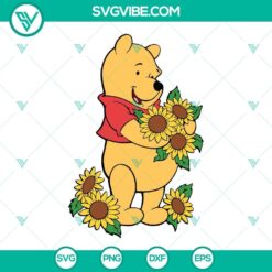 Winnie the Pooh silhouette surrounded by sunflowers in SVG, DXF, EPS, and PNG formats for Cricut and Silhouette. Ideal for crafting.