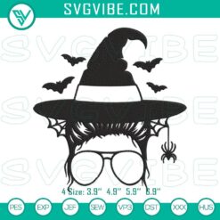 Witch-themed messy bun embroidery pattern designs for Halloween moms.