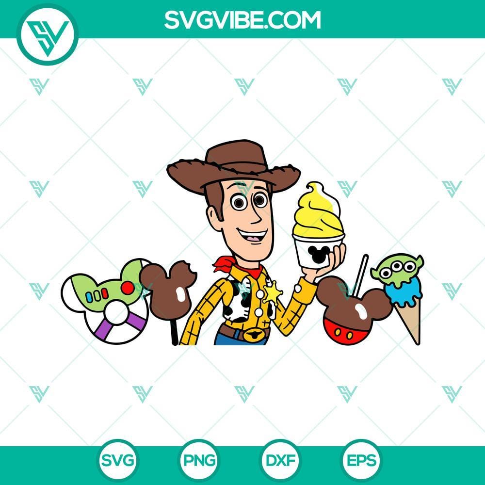 Woody Toy Story Disneyland Snacks SVG Files PNG DXF EPS Cricut Disneyland snacks SVG files featuring Woody from Toy Story, perfect for Cricut cutting machines. EPS, PNG, and DXF formats included.