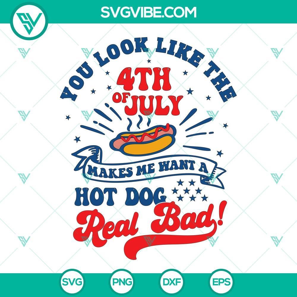 you-look-like-the-4th-of-july-makes-me-want-a-hot-dog-real-bad-svg-png-dxf-eps-files-3-mockup.jpg Vintage style graphic tee with text "You Look Like The 4th Of July Makes Me Want A Hot Dog Real Bad" in red and blue colors.