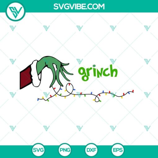 Grinch hand holding Christmas lights SVG design, perfect for holiday crafts and decorations, unique Grinch SVG file.