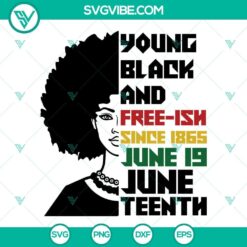 Juneteenth SVG design with "Young Black And Free Ish Since 1865" text in PNG and DXF formats for download.