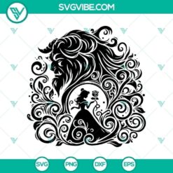 Beauty & The Beast themed mandala design in SVG and PNG format, intricate details of roses and silhouettes.