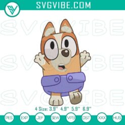 Bluey and Baby Bingo character stitch pattern in cute cartoon design files for crafts and projects.