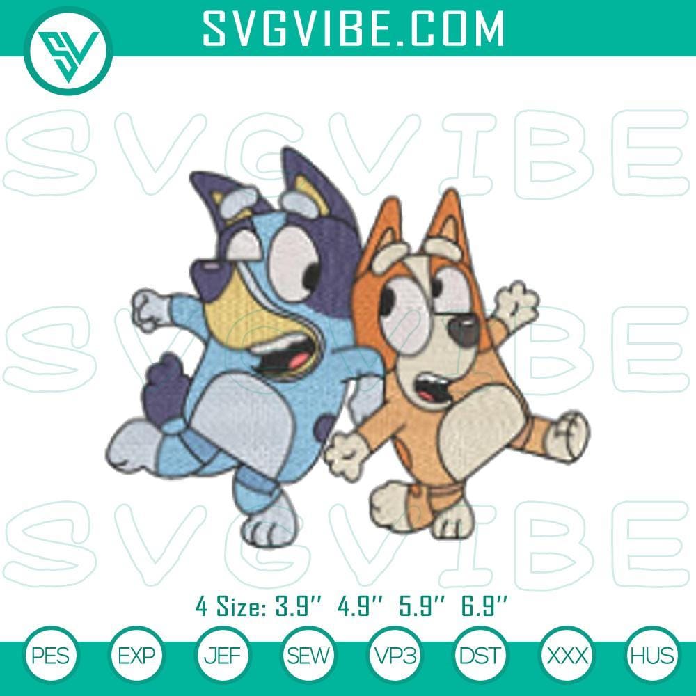 Bluey & Bingo Embroidery Design Files for Machines Bluey & Bingo cartoon embroidery design files with playful stitch pattern, ideal for DIY projects.