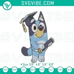 Bluey grad cap embroidery patterns for graduation celebration. Stitch file with cheerful design in blue and white colors.