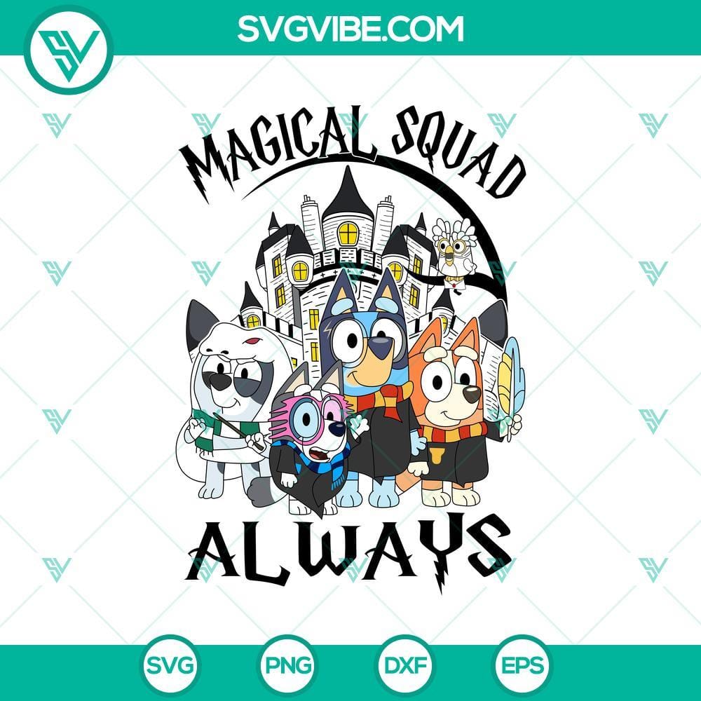 Bluey & Magical Squad Harry Potter Theme SVG Bluey & Magical Squad Harry Potter Theme SVG. Featuring cute wizards, broomsticks, and magical elements in a fun design. Great for crafts.