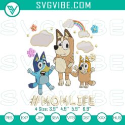 Bluey motherhood and Bingo chilli embroidery patterns, adorable family design for crafting.