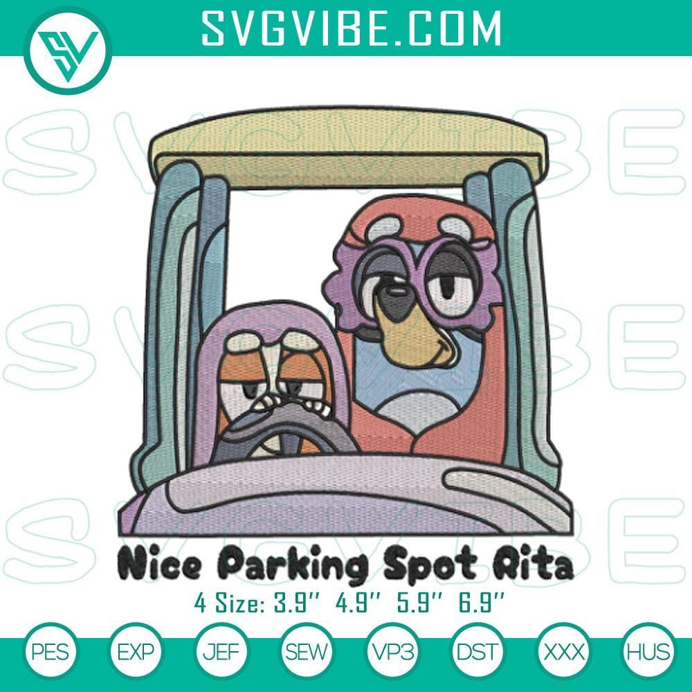Bluey's Ideal Parking Spot Rita & Janet Embroidery Designs Bluey character Rita & Janet parking spot cartoon embroidery designs, stitch files.