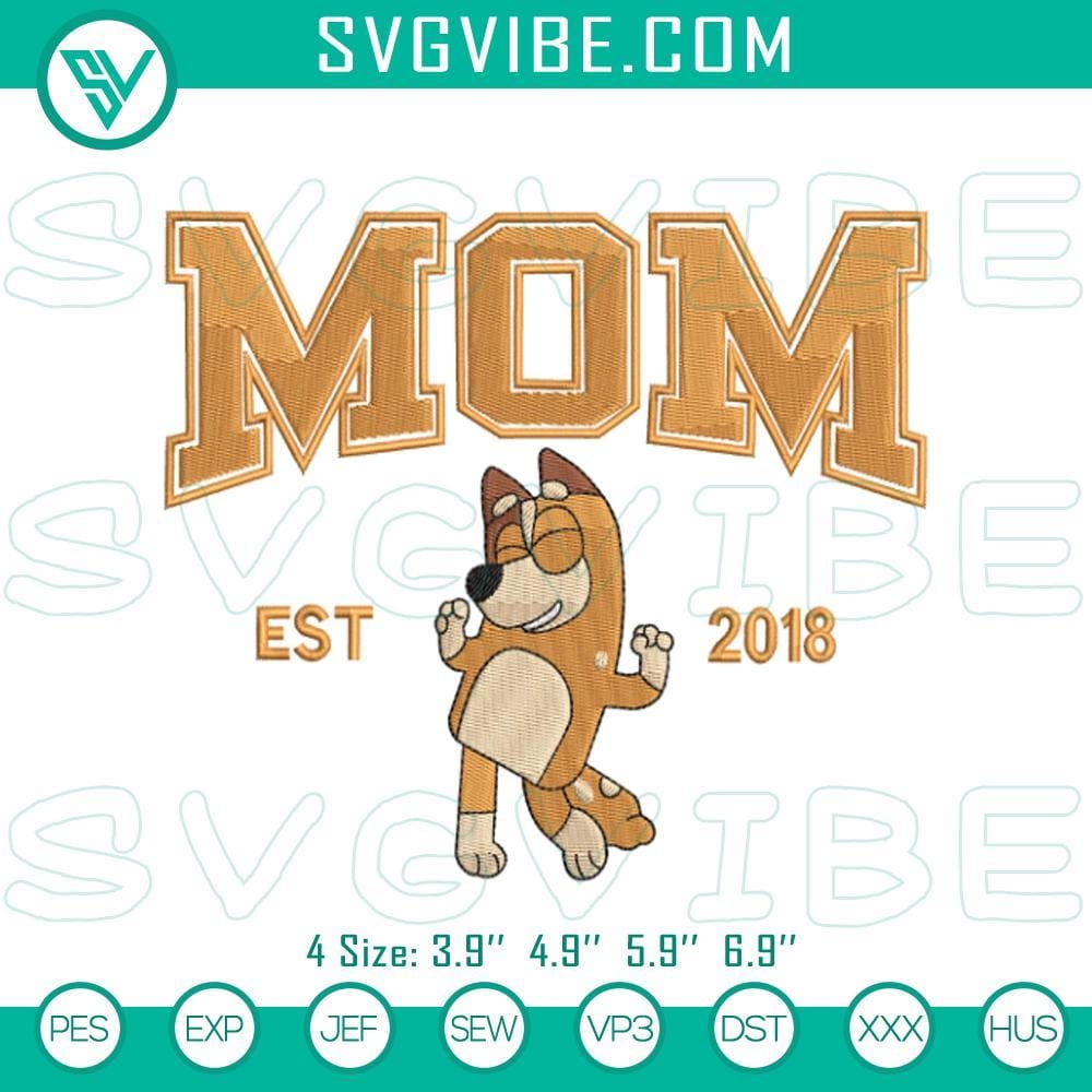 Bluey's Mum Chilli Heeler Embroidery Pattern Bluey’s Mum Chilli Heeler embroidery pattern depicting a cartoon motherhood design with cute details.