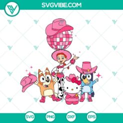 Bluey and Toy Story inspired pink cowboy kitty design in SVG and PNG formats for digital crafting projects.