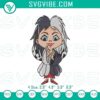 Chibi Cruella de Vil stitch patterns, cute Disney antagonist embroidery files with unique designs for crafting enthusiasts.