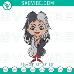 Chibi Cruella de Vil stitch patterns, cute Disney antagonist embroidery files with unique designs for crafting enthusiasts.