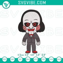 Chibi horror jigsaw embroidery designs inspired by Saw film for Halloween.