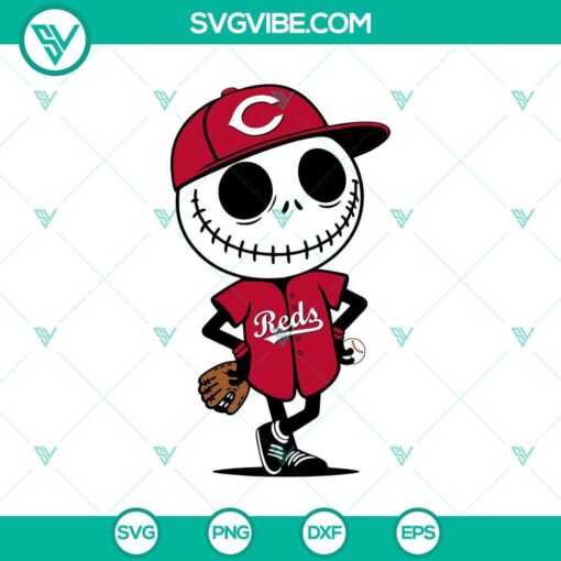 Cincinnati Reds Jack Skellington Halloween Baseball design, SVG and PNG files for MLB fans and Halloween enthusiasts.