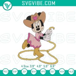 Cowgirl Minnie embroidery design patterns featuring Western Disney stitch files for crafting projects.
