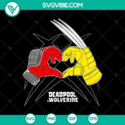 Deadpool and Wolverine heart hands design in SVG and PNG formats for digital use. Perfect for fans of Marvel superheroes.