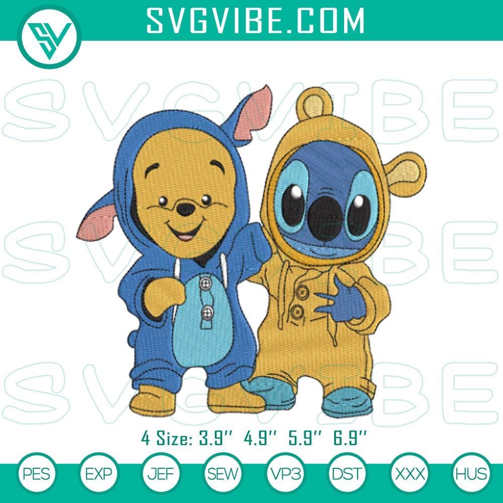 Embroidery Designs of Stitch & Pooh Bear Files Embroidery designs featuring Stitch & Pooh Bear, cute Disney machine files for crafting projects.
