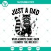 Funny raccoon dad SVG design with milk, cute father's day SVG illustration, humorous animal clipart for crafters.