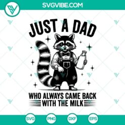 Funny raccoon dad SVG design with milk, cute father's day SVG illustration, humorous animal clipart for crafters.
