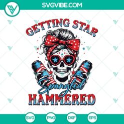 Skeleton girl celebrating 4th of July with "Getting Star Spangled Hammered" patriotic SVG design in red, white, and blue colors.